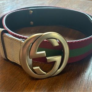 Authentic Gucci Red/Green Web Leather Gold Interlocking G Buckle Belt
